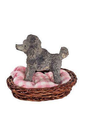 Miniature Gray Poodle Figurine Resin In Wicker Bed With Pink Gingham Cushion